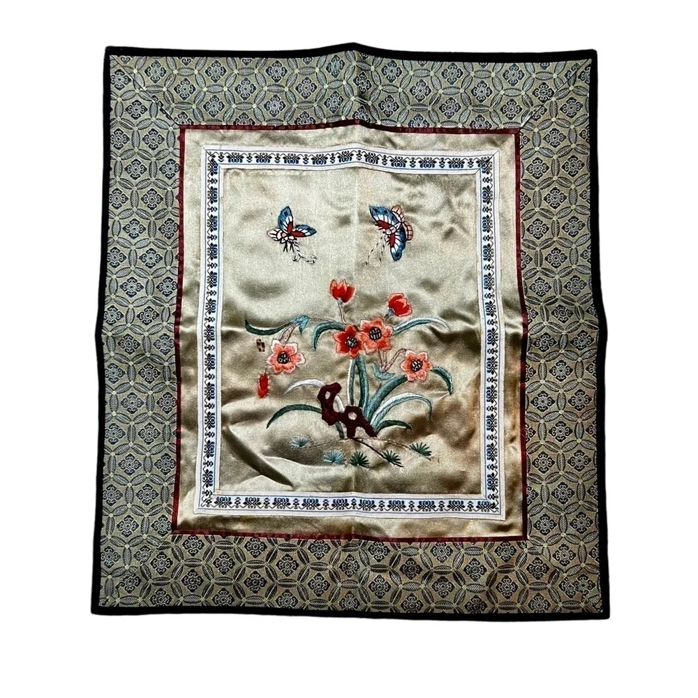 Asian Silk Embroidered Floral Wall Hanging Butterfly Handmade Poppy Coral 11X13”